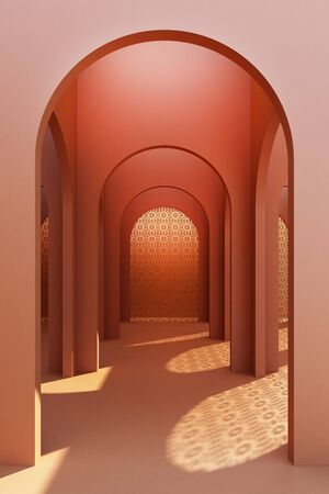 Minimalistic,peach color arch hallway architectural corridor with empty wall and arabic pattern. 3d render, minimal.の写真素材