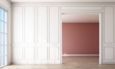 Modern classic White empty interior space with wall panels decorate,pink pastel wall and wooden floor. 3d renderingの写真素材