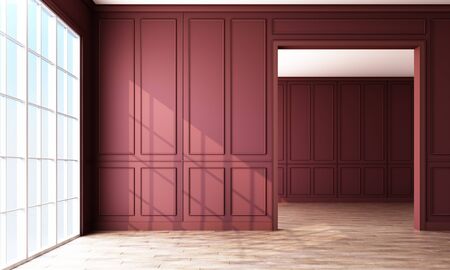 Modern classic burgundy empty interior space with wall panels decorate and wooden floor. 3d...