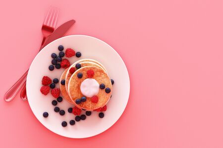Pancake with blueberry and strawberry in the plate on pink pastel background. 3d renderの写真素材