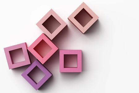 Set of colorful pink realistic geometric shape with fabric texture on white background. 3d rendering