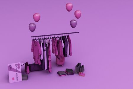Clothes on a hanger surrounding by bag and market prop with credit card on the floor. 3d renderingの写真素材
