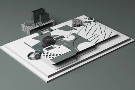 Design with composition of shopping bag by geometric memphis style shapes in grey tone. 3d rendering illustrationの写真素材