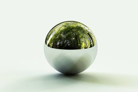 Geometric shapes with forest environment reflected on sphere. 3d renderingの写真素材