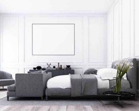 Modern luxury bedroom with classic wall decorate and grey furniture. 3d renderの写真素材