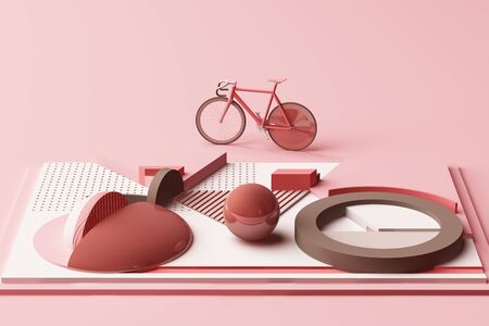 Geometric Shape of Bike Sport Concept in pastel pink colour tone. 3d Rendering