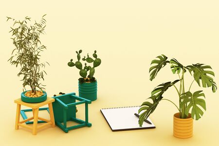 A white A4 flipped paper with black clipboard, potted plant, cactus, frame and pen on pastel yellow background. 3d renderingの写真素材