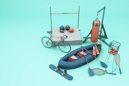 Sport equipment on green background. 3d renderingの写真素材