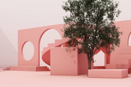 Geometric shape composition with stair and arch on white background. 3d rendering