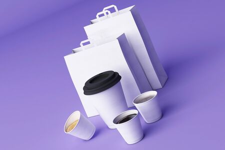 Set of white paper shopping bag and coffee cups on purple pastel background. 3d renderingの写真素材