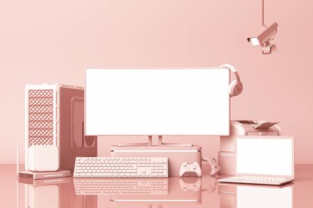 Computer and laptop white screen with many gadgets on table in pastel pink tone. 3d rendering