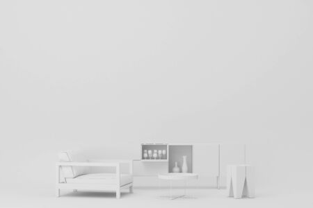 White sofa and low cabinet decorations.3d renderingの写真素材