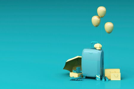 Suitcase with traveler accessories on green background. travel concept. 3d renderingの写真素材