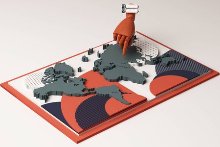 World map with human's hand and bomb concept abstract composition of geometric shapes platforms in...