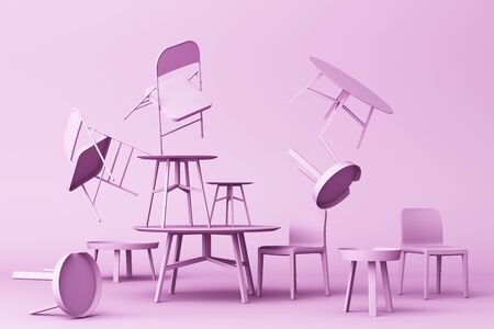 A lot of Chairs and coffee table in purple colour tone. 3d renderingの写真素材