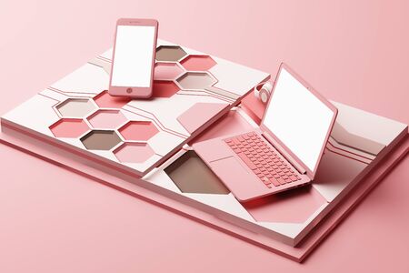 Laptop,smartphone and headphone with technology concept abstract composition of geometric shapes...