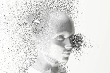 Concept of "social sharing Can make people die" with human head broken by cellphone clashing. 3d renderingの写真素材