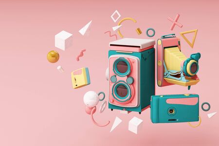 Colorful vintage camera surrounding by memphis pattern on a pink background.-3d render.