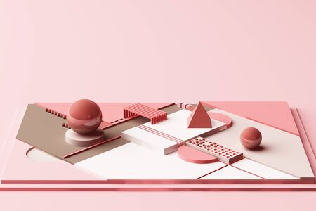 Design with composition of geometric shapes in pastel pink tone. 3d rendering illustration