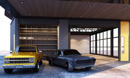 Exterior and interior garage industrial loft style with cars. 3d renderingの写真素材