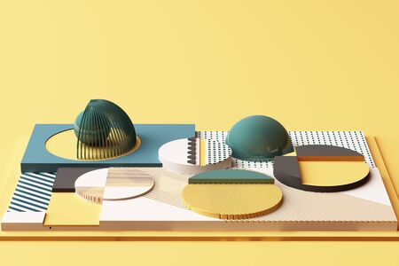 Design with composition of geometric shapes in pastel yellow and green tone. 3d rendering...