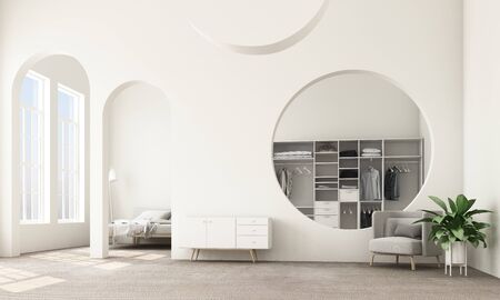 Abstract interior design.living area and bedroom with architectural elements in white tone, circular...