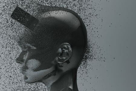 Concept of "social sharing Can make people die" with human head broken by cellphone clashing. 3d renderingの写真素材