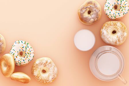 Colorful donut and milk cup on pastel background. 3d renderingの写真素材