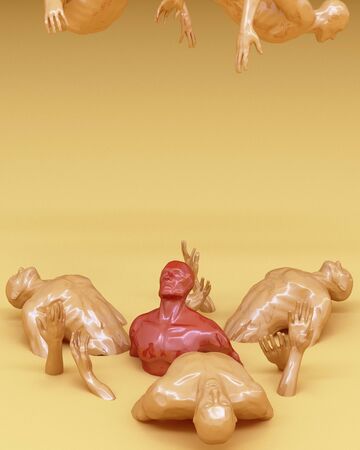 Abstract concept colorful of men are stuck on the floor. 3d rendering
