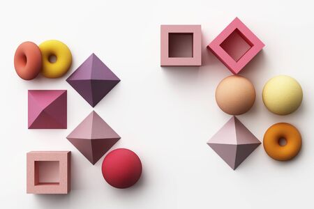 Set of colorful realistic geometric shape with fabric texture on white background. 3d rendering