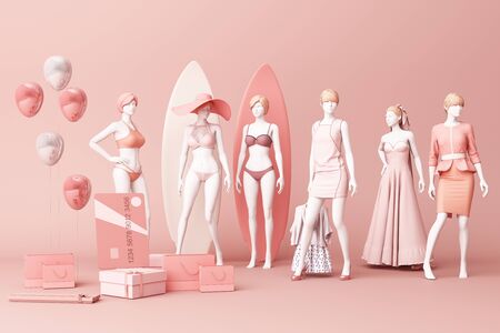 Mannequin surrounded by shopping bag and the gift box with credit card on the pink backdrop.-3d...