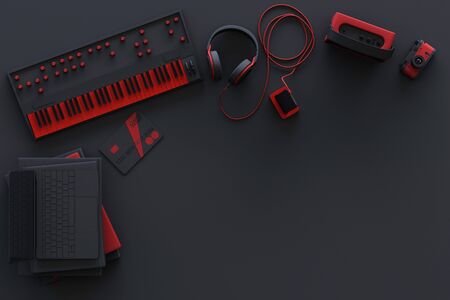 Laptop surrounding by colorful gadgets on black background. 3d rendering