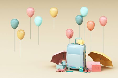Suitcase with traveler accessories on cream background. travel concept. 3d renderingの写真素材