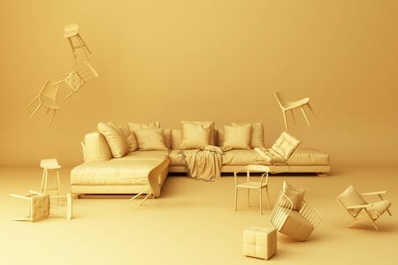 A lot of chairs on a yellow background.