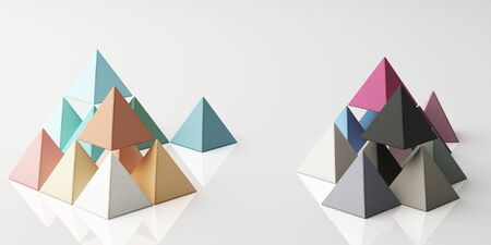 Set of colorful green,purple,blue,yellow realistic pyramid spheres with fabric texture on white...