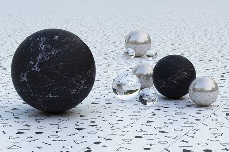 Geometric shapes with memphis pattern environment reflected on sphere. 3d rendering