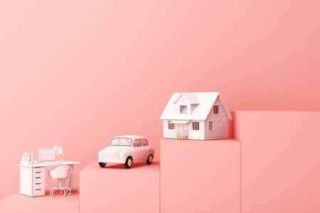 Thinking about home, car and work with another empty space on the pink pedestal, the concept of life 3D renderingの写真素材