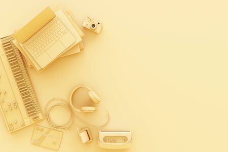 Laptop surrounding by colorful gadgets on yellow background. 3d renderingの写真素材