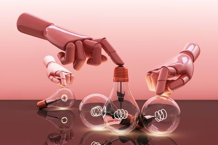 Low glowing electric vintage bulb lamp with hand on pink background. 3d rendering