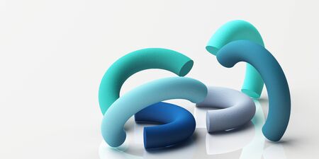 Set of colorful realistic geometric shape with fabric texture on white background. 3d rendering