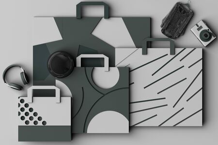 Design with composition of shopping bag by geometric memphis style shapes in grey tone. 3d rendering...