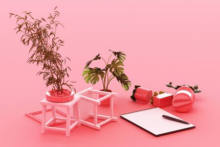White A4 flipped paper with black clipboard, potted plant, cactus, frame and pen on pastel pink background. 3d renderingの写真素材