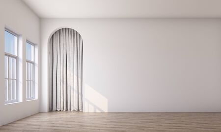 Modern memphis interior with white wall and white curtain arch. 3d renderingの写真素材