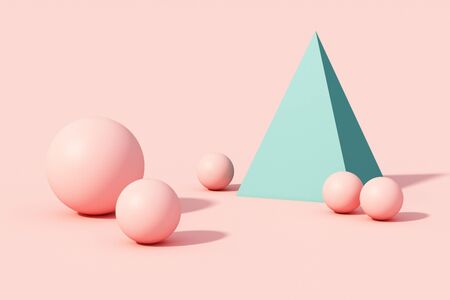 Pink and green sphere ball and pyramid on pink pastel background. 3d renderの写真素材
