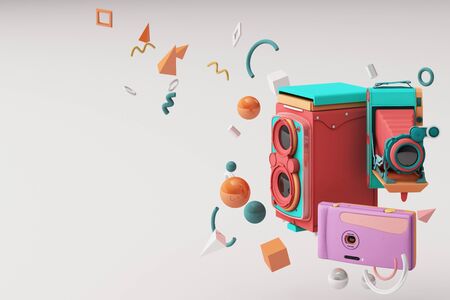 Colorful vintage camera surrounding by memphis pattern on a white background.-3d render.の写真素材