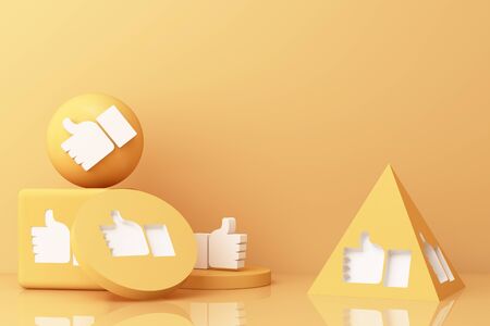 Thumb up symbol, finger up icon, like icon on yellow geometric shapes. 3d rendering