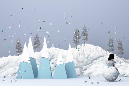 Beautiful Christmas winter snowy landscape background with mountains and low poly fir trees with snow man. 3d renderingの写真素材