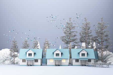 Beautiful Christmas winter snowy landscape background with mountains and low poly fir trees. 3d renderingの写真素材