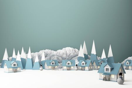 Beautiful Christmas winter snowy landscape background with mountains and low poly fir trees and house with snowman. 3d renderingの写真素材