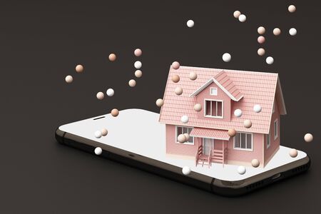 A pink house on the phone surrounded by many pink balls. 3D renderingの写真素材